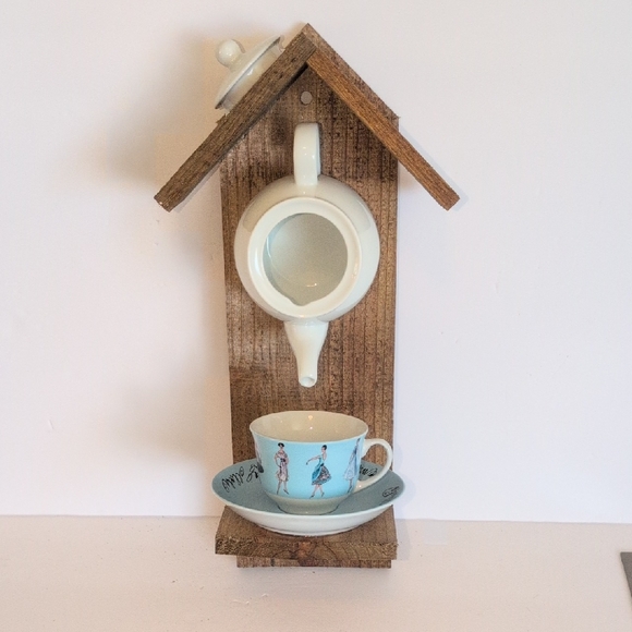 Other - Rustic Wooden Teapot and Cup Handmade Bird Feeder Ladies Tea Time
